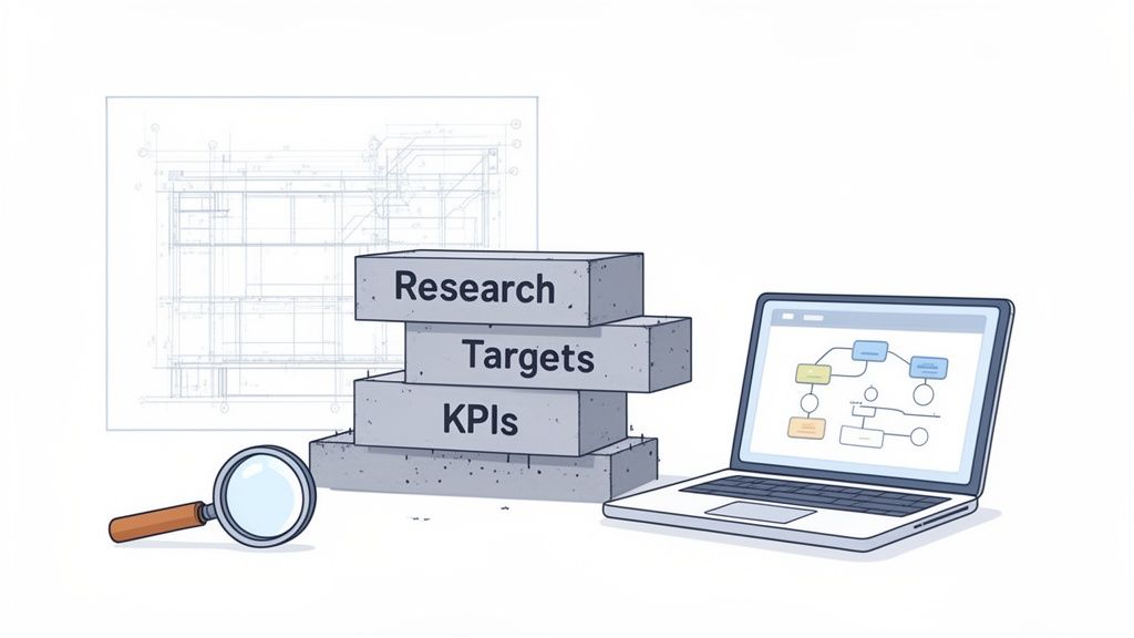 A laptop, magnifying glass, blueprint, and concrete blocks labeled Research, Targets, and KPIs, representing business strategy.