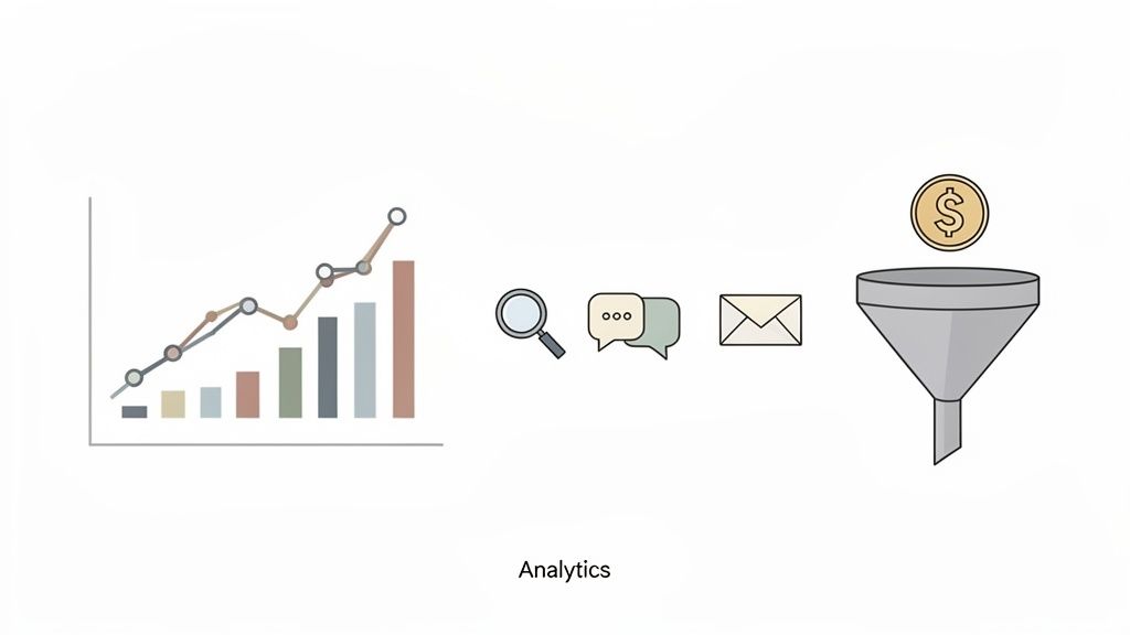 A chart showing growth, followed by search, chat, email icons leading to a money funnel, labeled 'Analytics'.