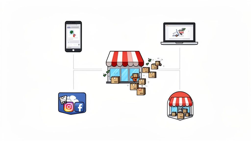 Diagram illustrating e-commerce growth strategies, connecting online sales channels, social media, and product fulfillment.