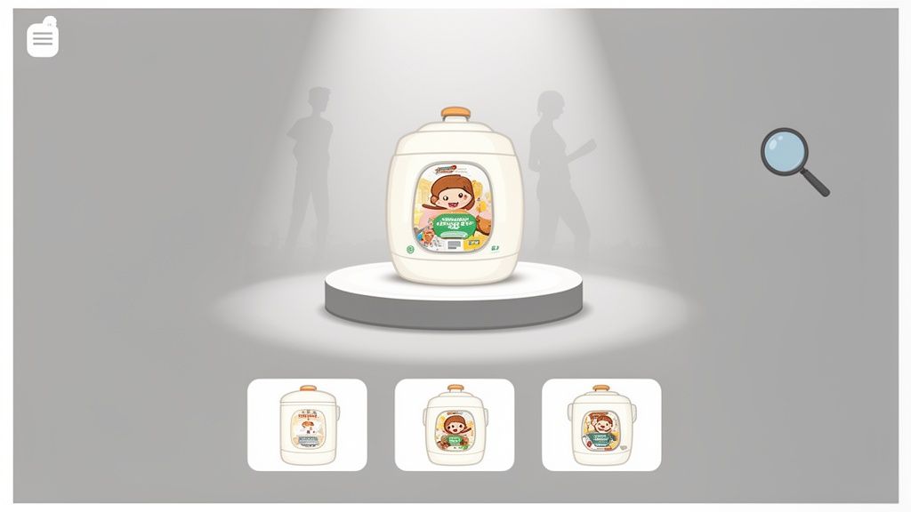 E-commerce product page displaying a child-themed food container on a pedestal, with other variations below.