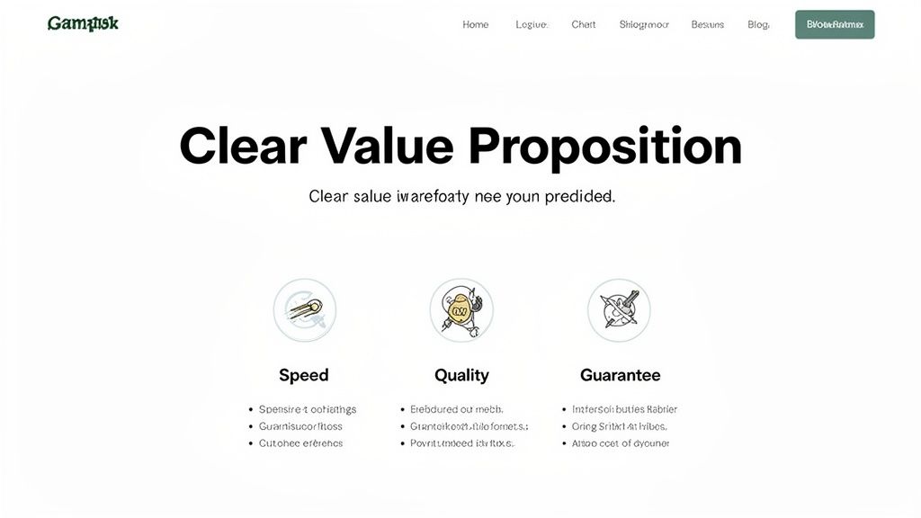 A website homepage featuring a 'Clear Value Proposition' headline, three value pillars (Speed, Quality, Guarantee) with icons.