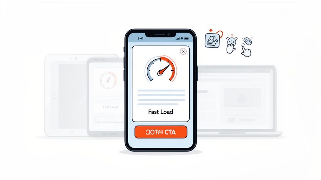 Smartphone displays fast load speed with a gauge, flanked by tablet and laptop, symbolizing quick website performance and user satisfaction.