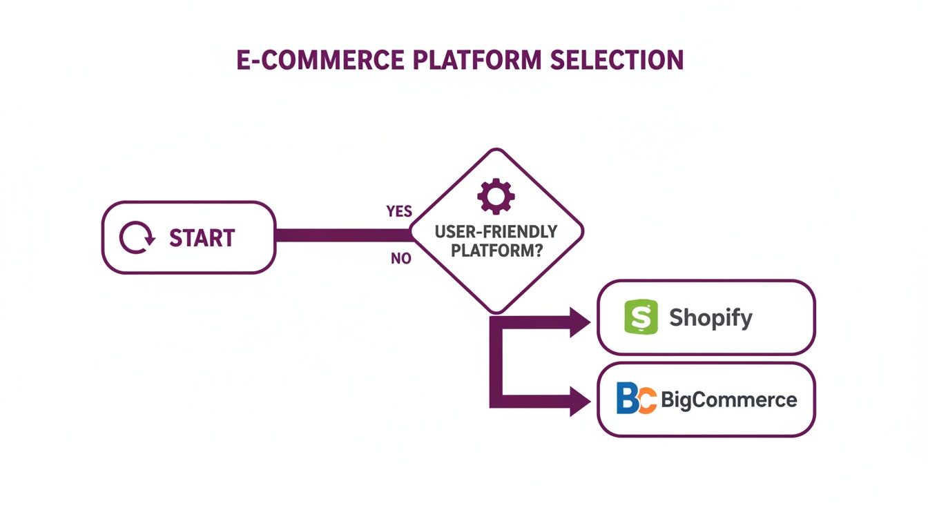 Flowchart illustrating e-commerce platform selection, considering user-friendliness, leading to Shopify or BigCommerce.