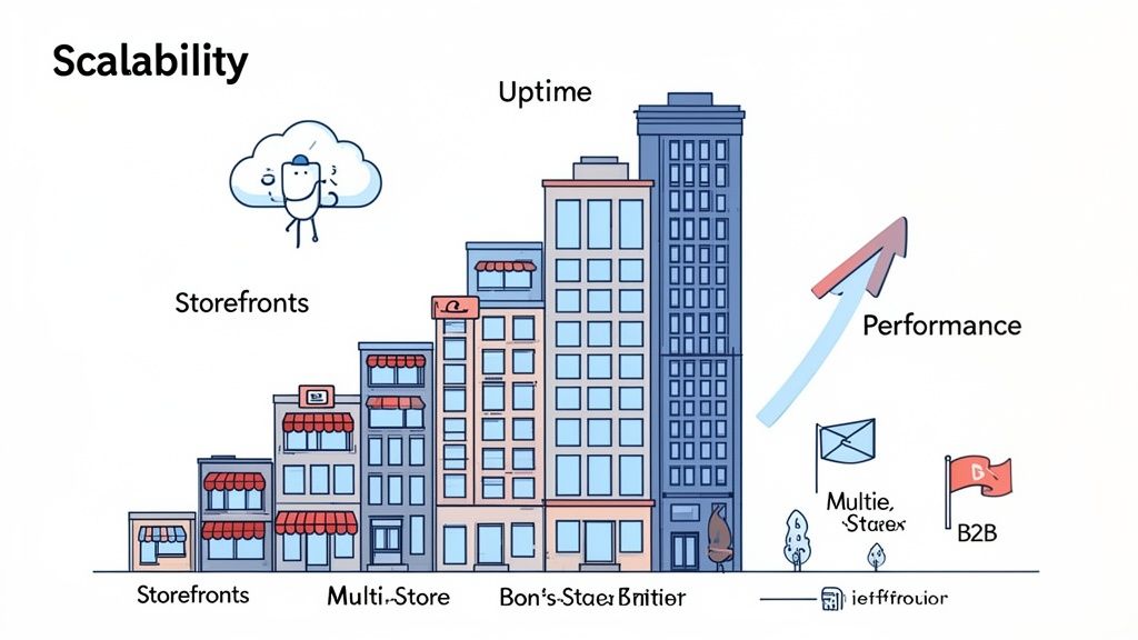 Diagram illustrating business scalability from storefronts to multi-store operations, showing uptime and performance growth.
