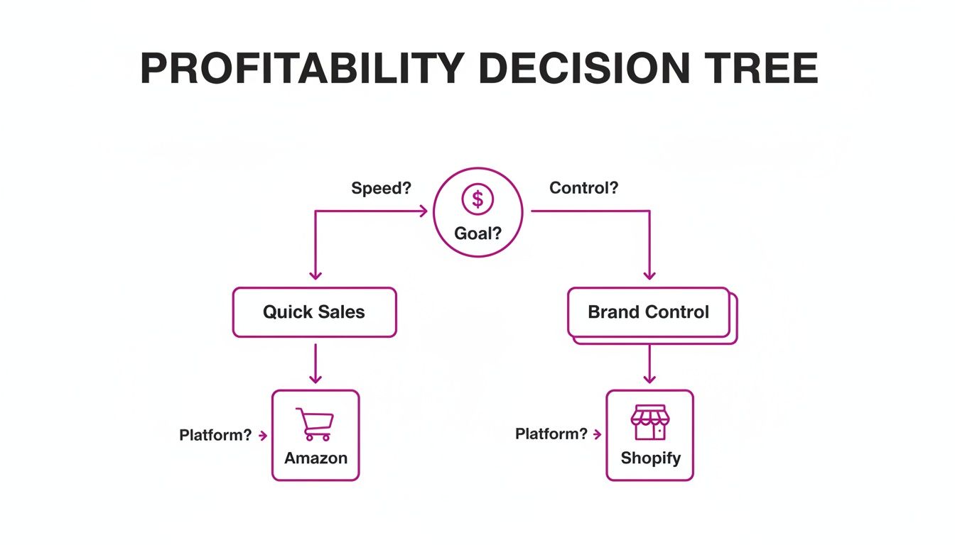 A profitability decision tree outlining choices between Amazon for quick sales and Shopify for brand control.