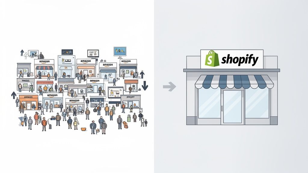 An illustration contrasting multiple crowded Amazon shops with a single, clear Shopify storefront.