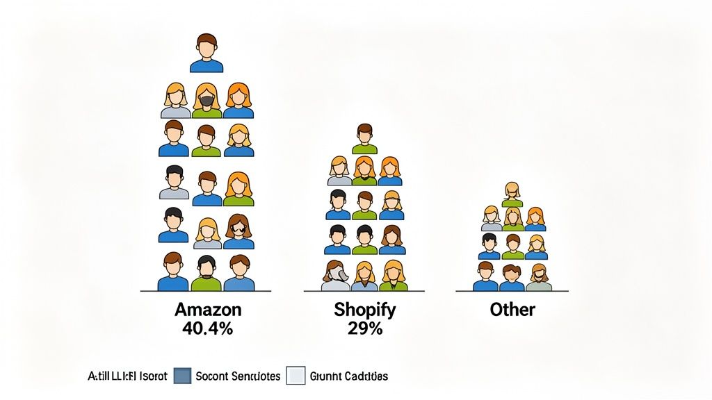 Visual comparison of market share for Amazon, Shopify, and Others, using stacked people icons.
