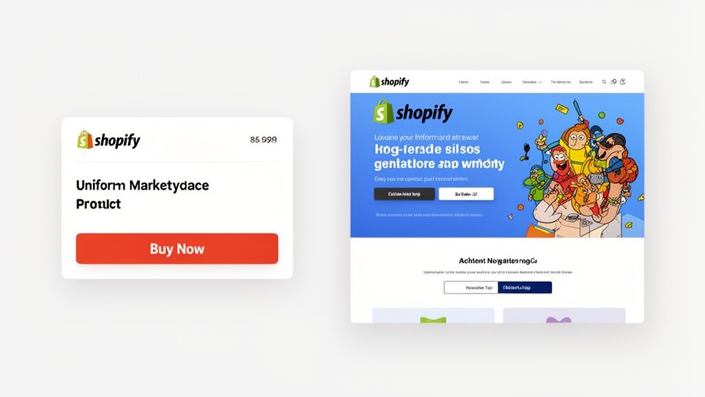Two Shopify-themed digital interfaces: a product listing card and a colorful website landing page.
