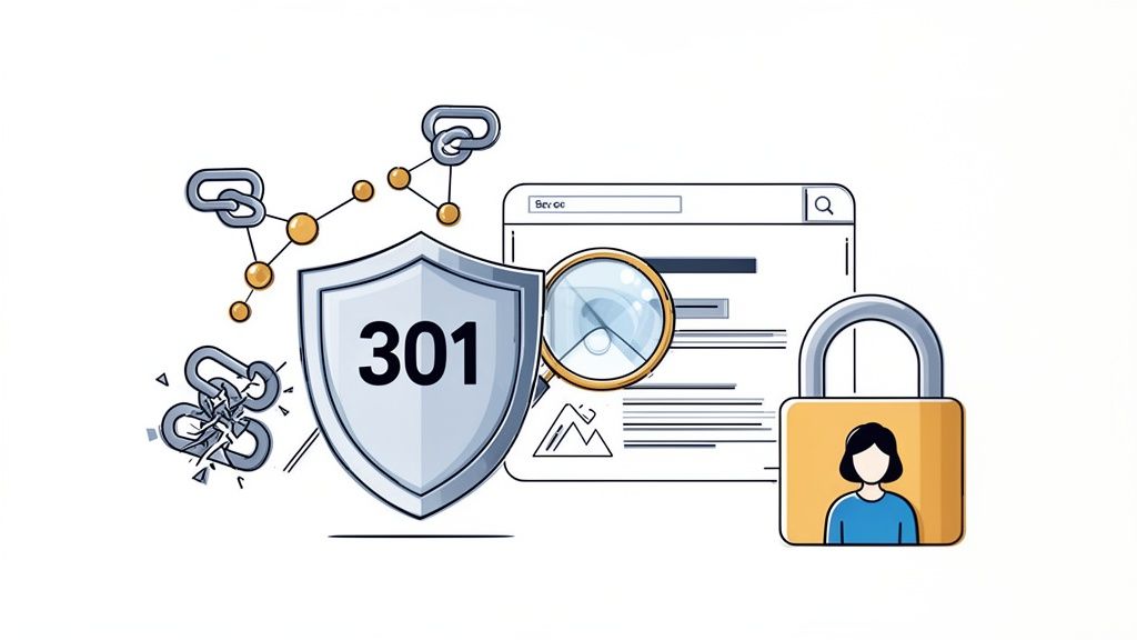 A graphic representing SEO migration with a 301 redirect shield, web links, search bar, and security padlock.