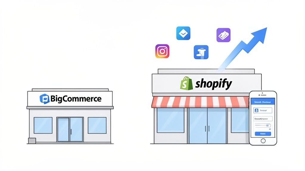 Illustration showing a BigCommerce store migrating to a Shopify store with apps, growth, and mobile checkout.