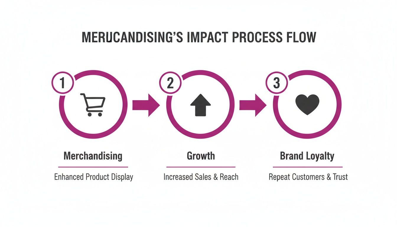 A merchandising impact process flow showing merchandising leads to growth and brand loyalty.