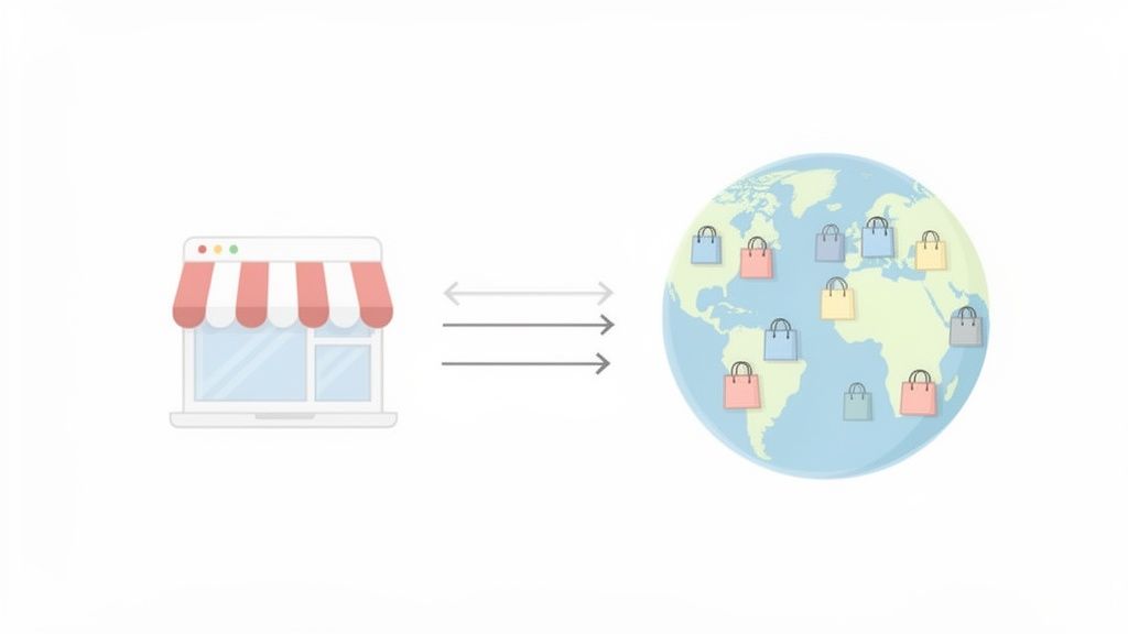 An e-commerce shop on a laptop screen connects to multiple shopping bags across a global map, symbolizing international sales.
