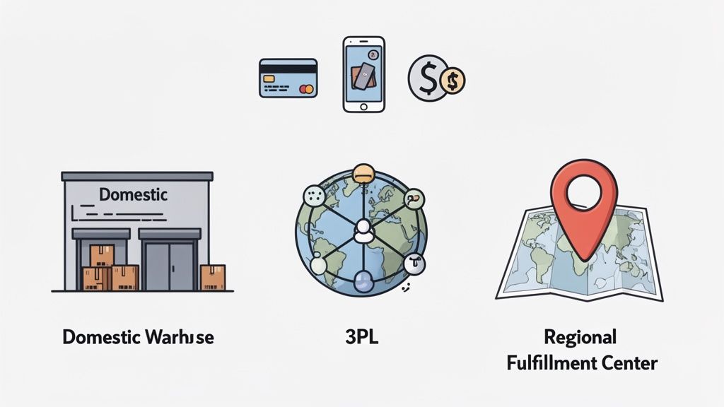 Illustrative icons depicting ecommerce elements: credit card, mobile payments, cash, domestic warehouse, 3PL global logistics, and regional fulfillment center.