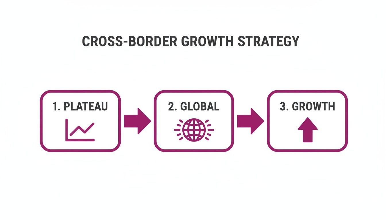 A cross-border growth strategy diagram illustrating three steps: plateau, global expansion, and growth with relevant icons.