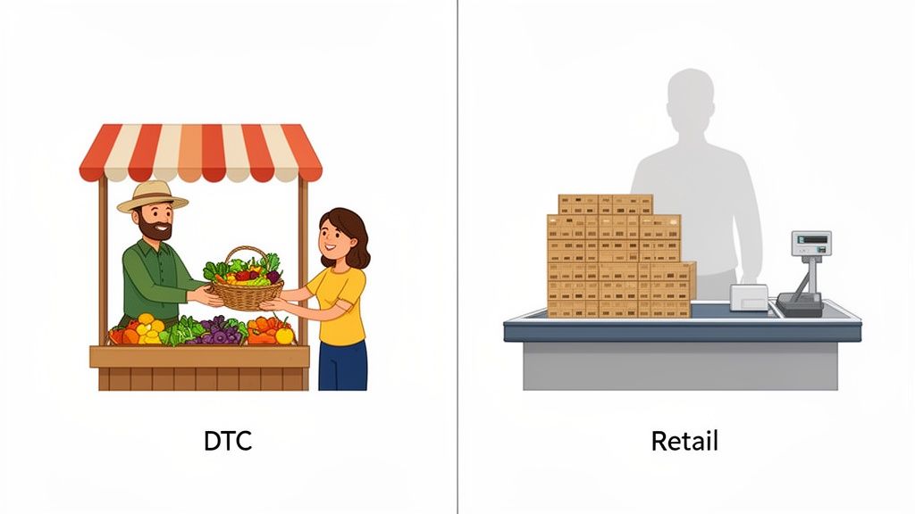 Two illustrations comparing Direct-to-Consumer (DTC) with Retail, showcasing different business models and shopping experiences.