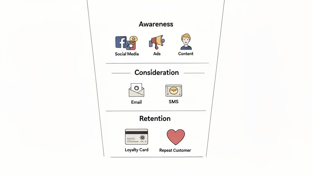 Marketing funnel illustrating customer journey from awareness through social media to retention via loyalty and repeat purchases.