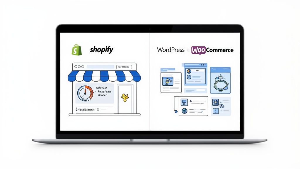 Laptop screen comparing Shopify and WordPress + WooCommerce e-commerce platforms for online stores.