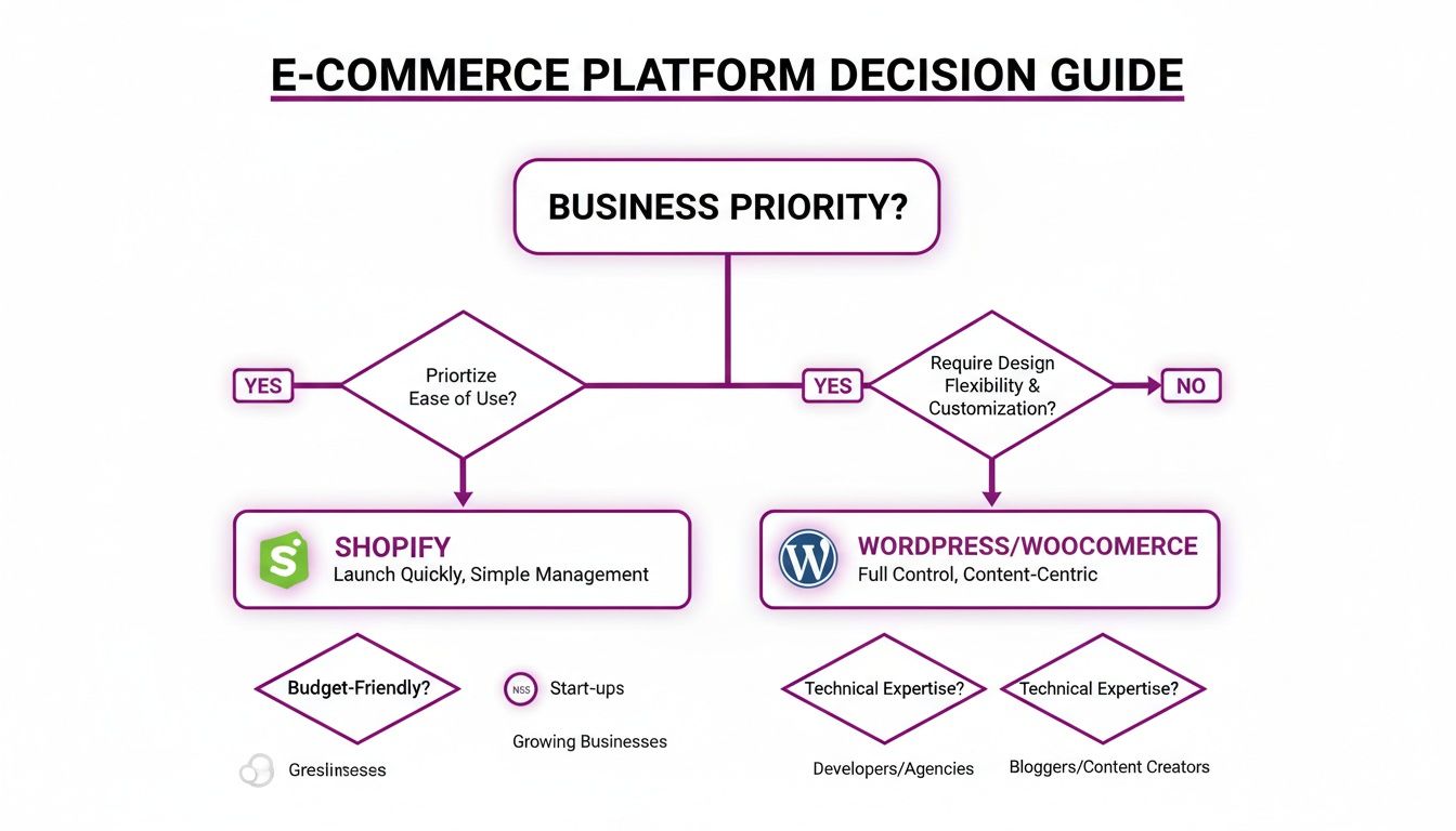 Flowchart comparing Shopify and WordPress/WooCommerce for e-commerce, based on ease of use, flexibility, budget, and expertise.