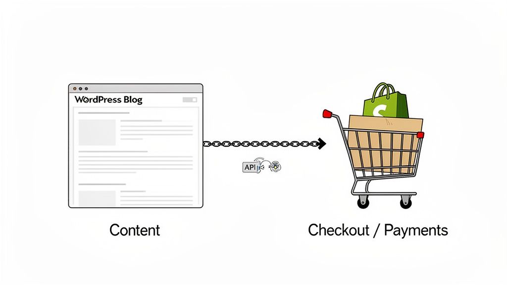 Diagram illustrating WordPress blog content connected to an ecommerce checkout via API.
