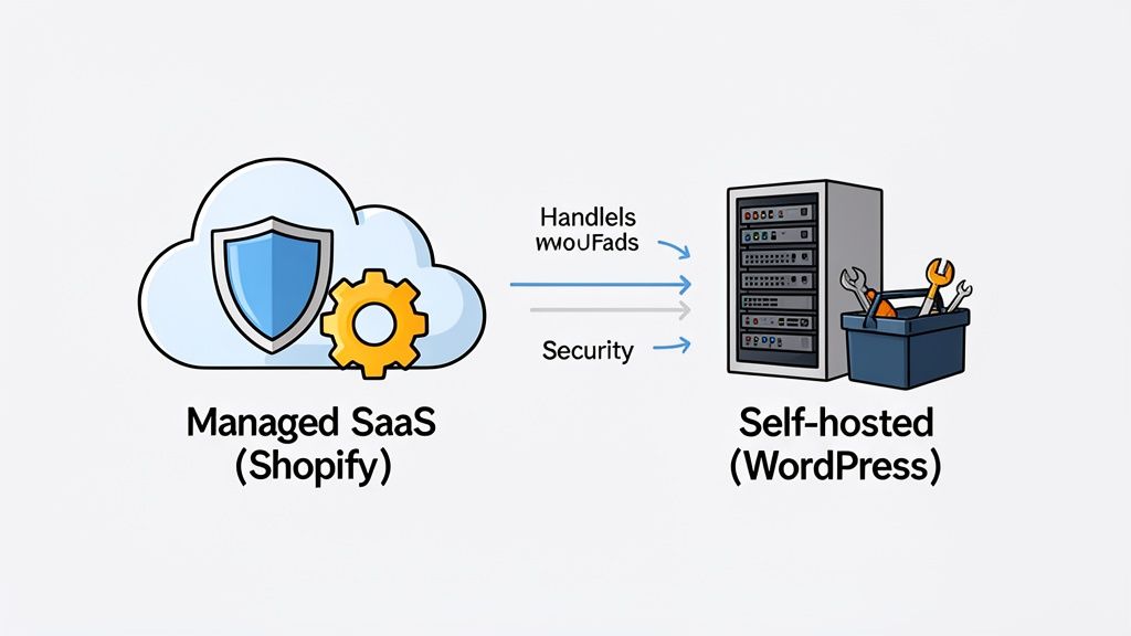 Diagram comparing Managed SaaS (Shopify) with Self-hosted (WordPress), highlighting their differences in management and security.