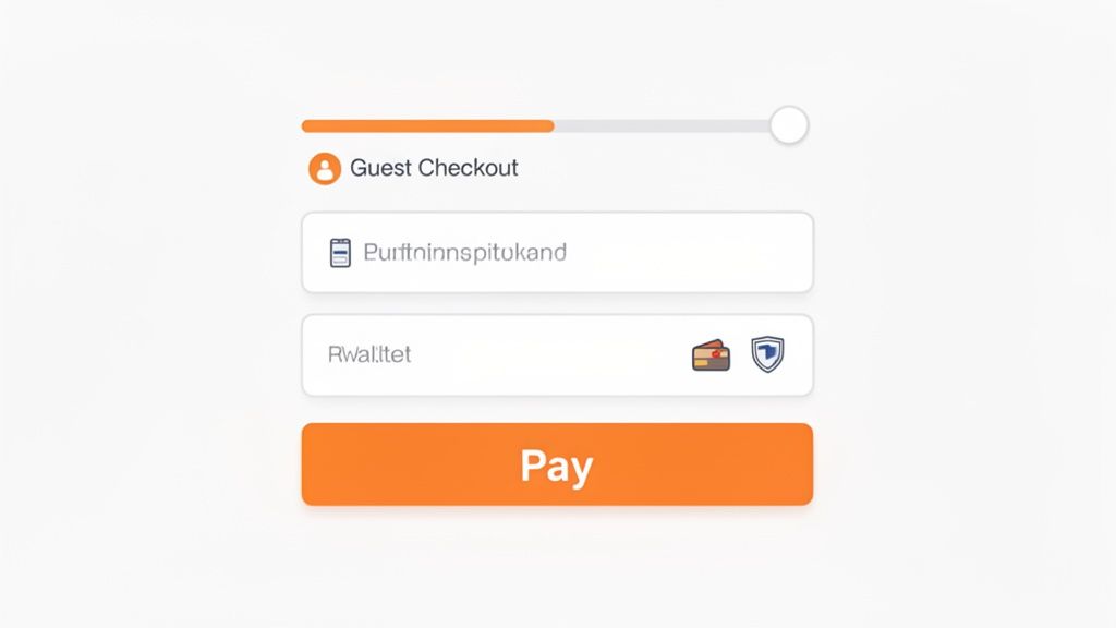 A clean guest checkout form showing two input fields, a progress bar, and a 'Pay' button for a transaction.