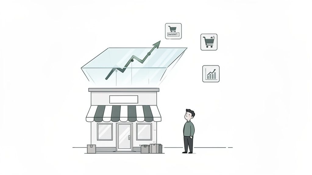 Illustration of a man observing a store with a holographic projection showing business growth and e-commerce statistics.