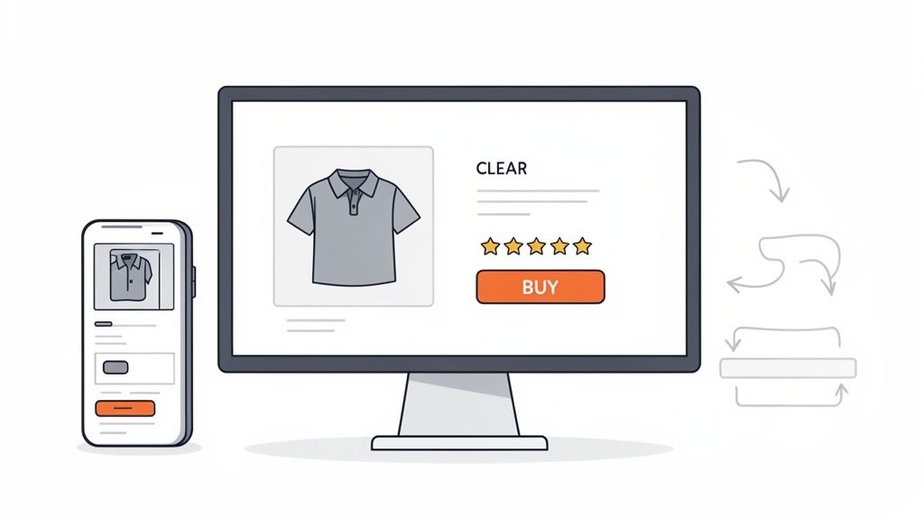 Online store showcasing a grey polo shirt on desktop and mobile with buy button and ratings.
