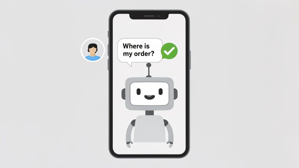 A smartphone shows a chatbot conversation where a user asks 'Where is my order?' to a friendly robot.