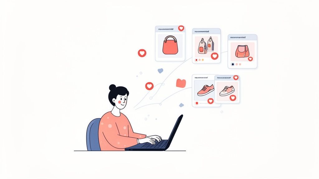 An illustration of a person on a laptop, interacting with AI-powered product recommendations for handbags and shoes.