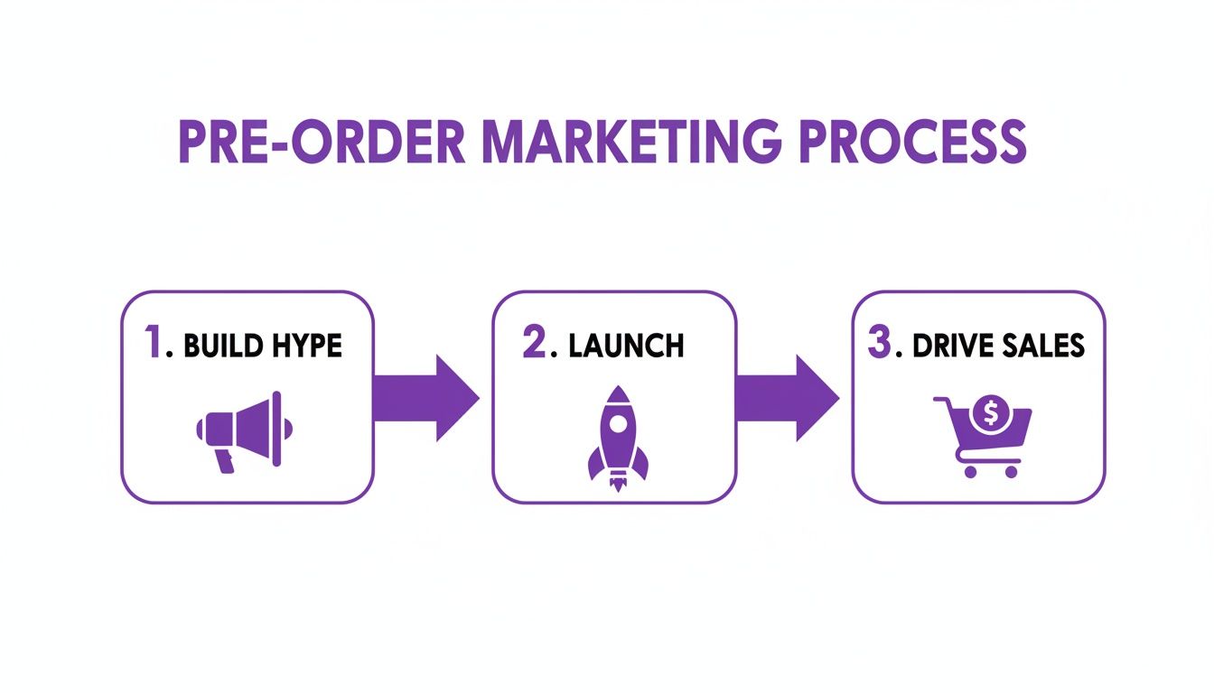 A three-step pre-order marketing process diagram showing build hype, launch, and drive sales.
