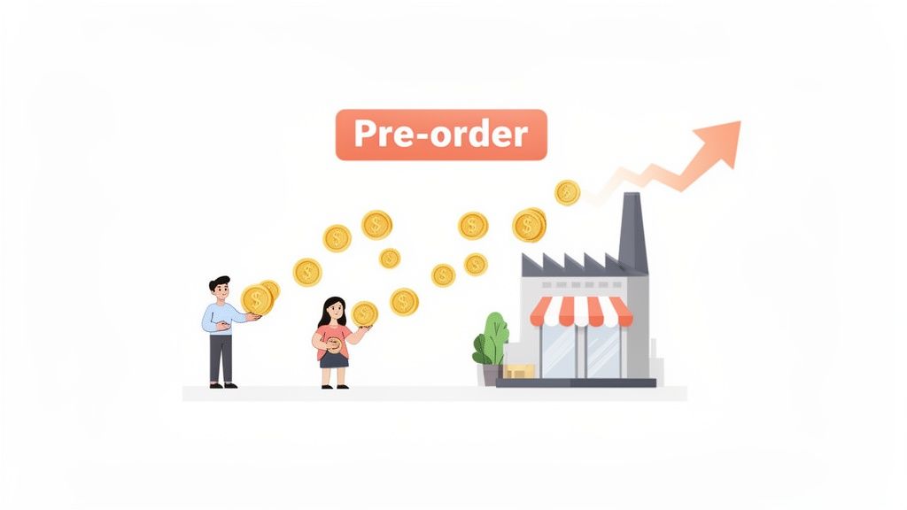 Cartoon showing people pre-ordering products, sending money towards a shop and increasing sales.