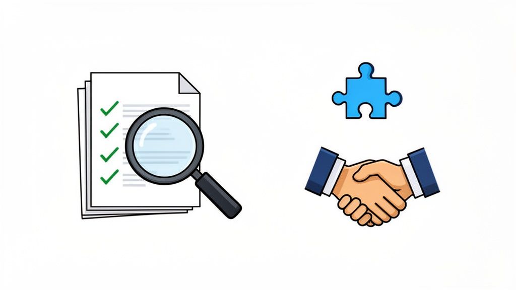 Documents, magnifying glass, puzzle piece, and a handshake symbolizing agreement and business solutions.