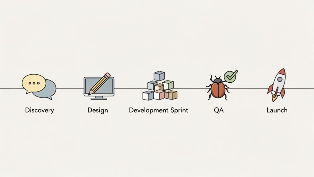 Icons depicting the stages of a project lifecycle: Discovery, Design, Development, QA, and Launch.
