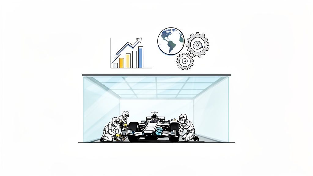 Illustration of a Formula 1 car in a pit stop with a growth chart and global gears above.