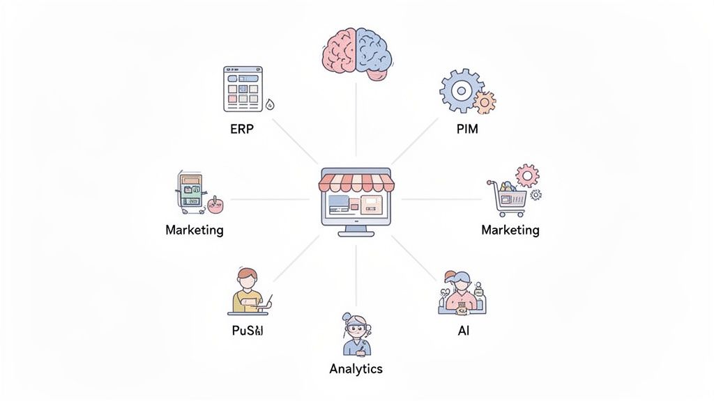 Diagram of an e-commerce store at the center, integrated with ERP, PIM, Marketing, AI, and Analytics systems.