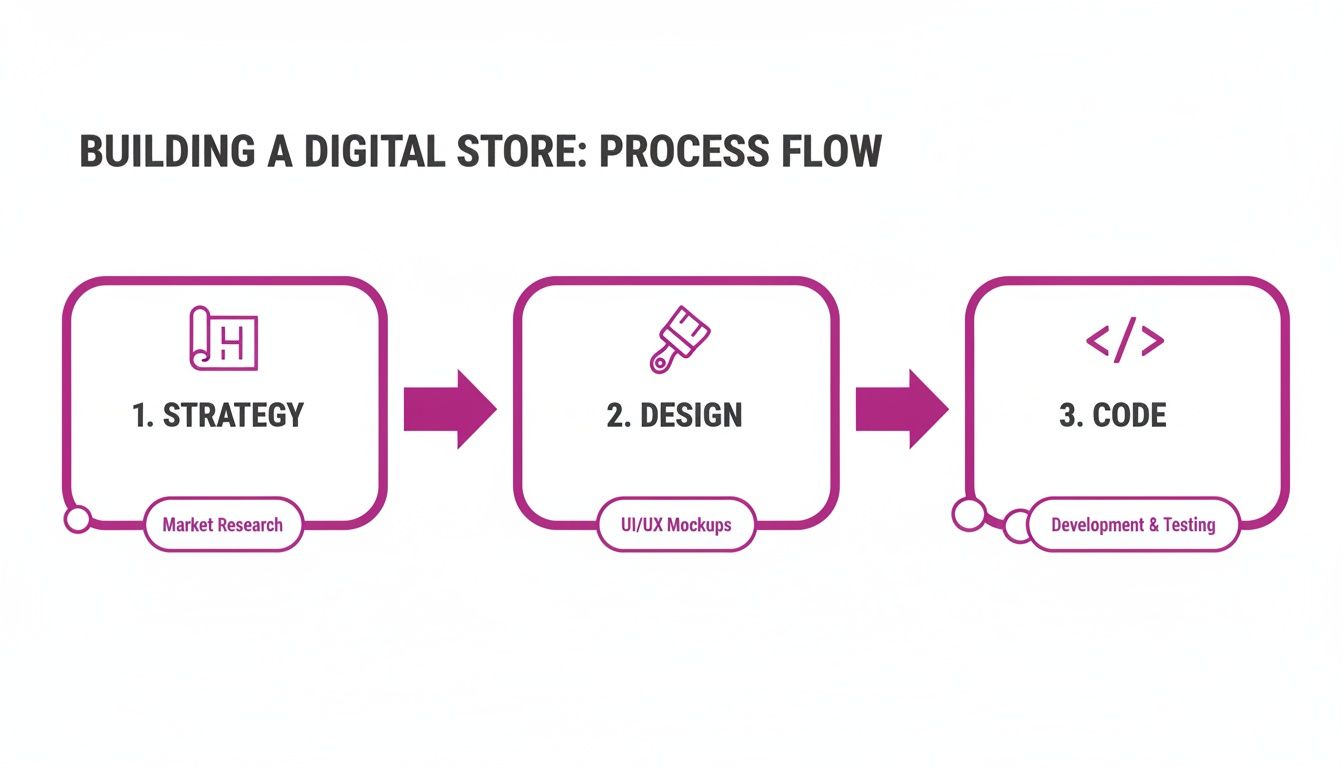 A process flow for building a digital store, outlining strategy, design, and coding phases.