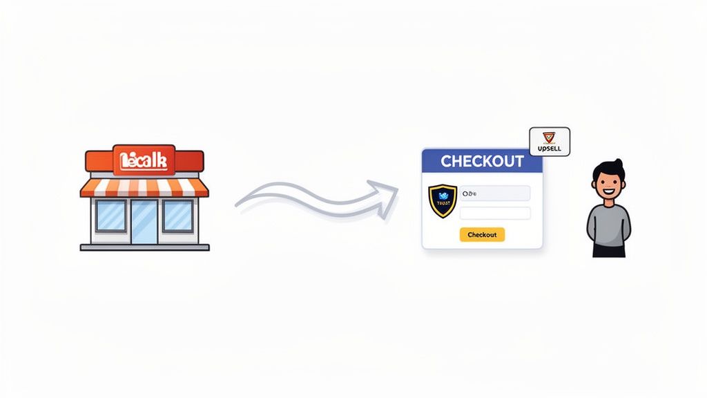 E-commerce flow showing a store, checkout page with trust badge, upsell, and a happy customer.