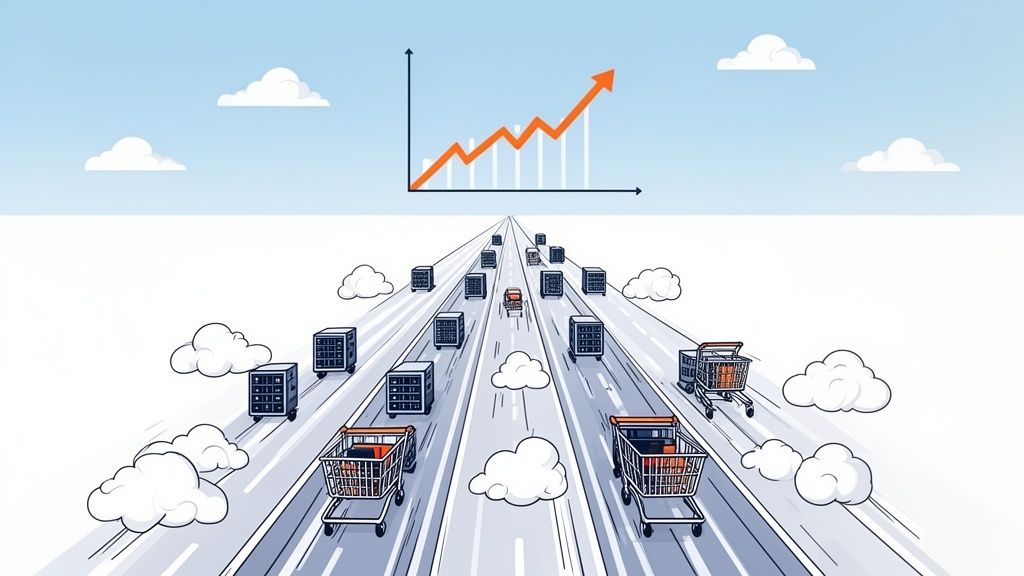 An upward trending graph over a highway with shopping carts and delivery lockers, symbolizing business growth.