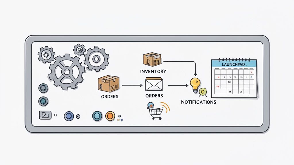 A diagram illustrating an e-commerce order process, inventory management, notifications, and a launch calendar.