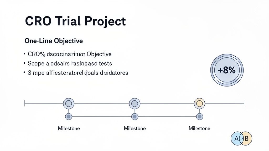 Presentation slide for CRO Trial Project, displaying objectives, a timeline with milestones, and an 8% increase metric.