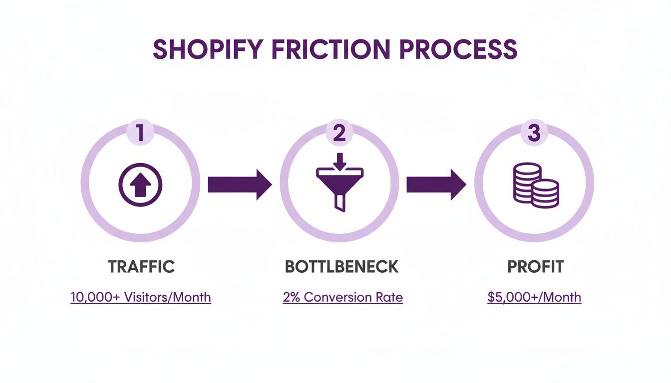 Diagram illustrating the Shopify Friction Process from Traffic to Bottleneck and ultimately Profit.