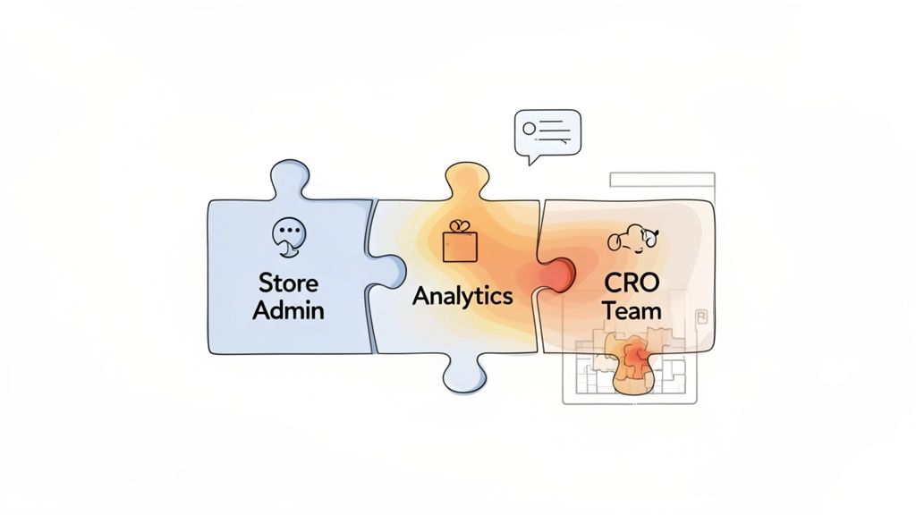 Diagram showing Store Admin, Analytics, and CRO Team as interconnected puzzle pieces, focused on data optimization.