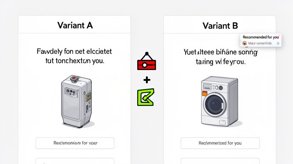 An A/B test comparing two product page variants: a grey device and a washing machine.