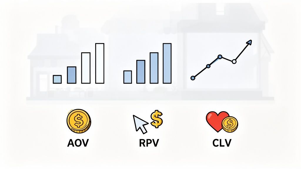 Three business growth charts with icons for AOV, RPV, and CLV, representing e-commerce metrics.