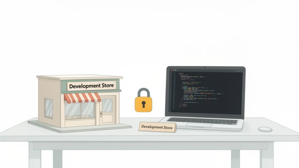 An illustration of a 'Development Store' building, a laptop displaying code, and a padlock on a white table.