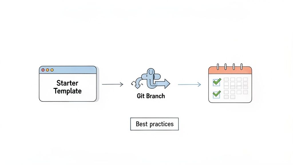 Workflow diagram showing a Starter Template flowing through Git Branch with best practices to a completed calendar.