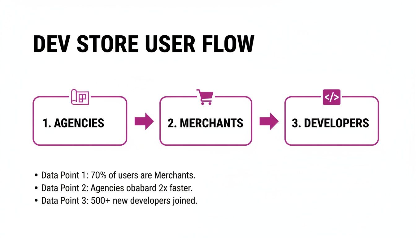 Dev store user flow diagram showing agencies, merchants, and developers, with key data points.