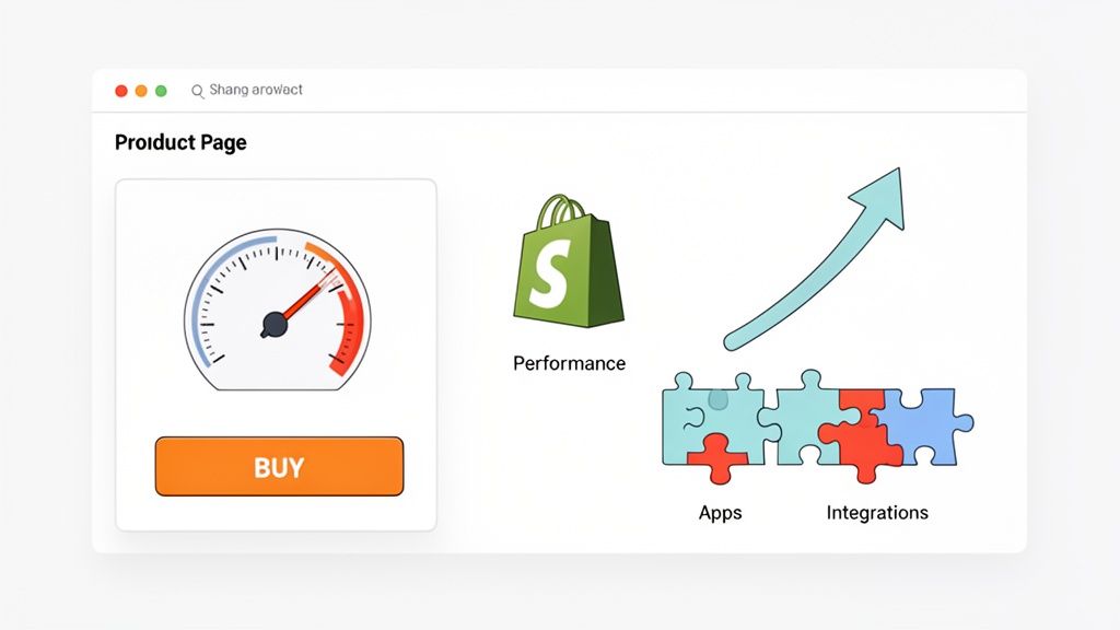A web dashboard featuring Shopify performance, app integrations, and conversion optimization for a product page.