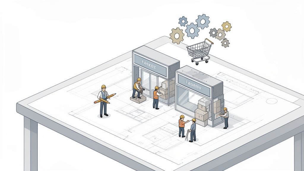 Isometric illustration of people building stores on a blueprint, with gears and a shopping cart overhead.