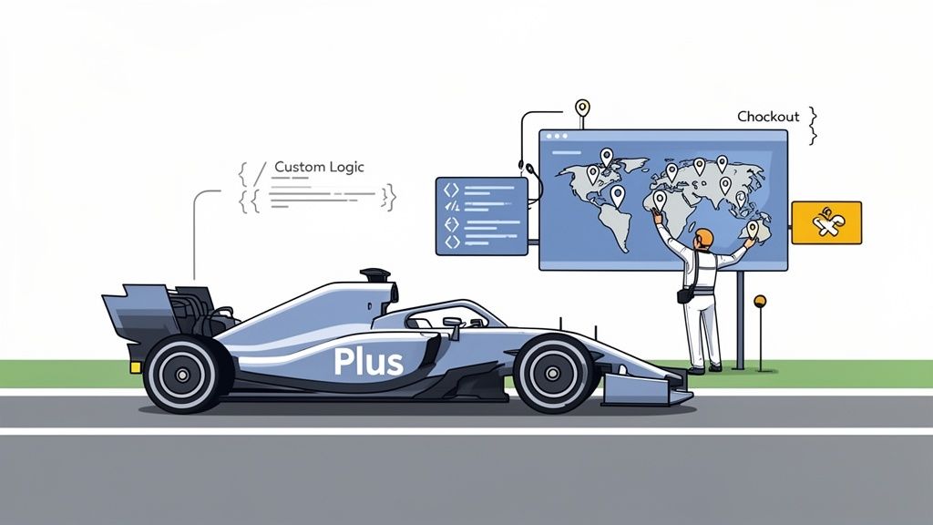 Illustration of a race car connected to custom logic and a global checkout system managed by an engineer.